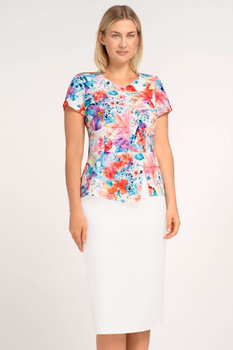 Set mit ecrufarbener Bluse mit bunten Blumen und amarantfarbenem Rock – Kaia