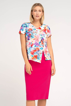 Set mit ecrufarbener Bluse mit bunten Blumen und amarantfarbenem Rock – Kaia