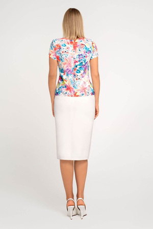 Set mit ecrufarbener Bluse mit bunten Blumen und amarantfarbenem Rock – Kaia