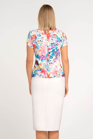 Set mit ecrufarbener Bluse mit bunten Blumen und amarantfarbenem Rock – Kaia
