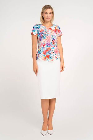 Set mit ecrufarbener Bluse mit bunten Blumen und amarantfarbenem Rock – Kaia
