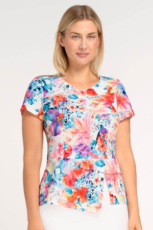 Set mit ecrufarbener Bluse mit bunten Blumen und amarantfarbenem Rock – Kaia