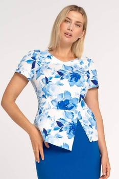 Bluse ecru mit kobaltblauem Blumenmuster und Schößchen – Kaia