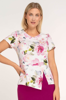 Bluse in Ecru mit bischofsfärbigen Blumenmuster und Schößchen – Kaia