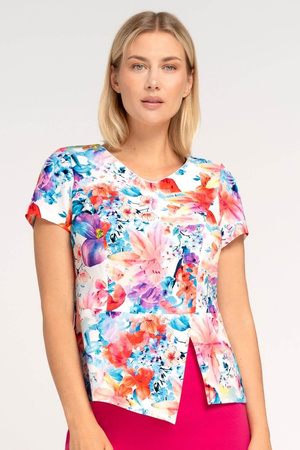 Set mit ecrufarbener Bluse mit bunten Blumen und amarantfarbenem Rock – Kaia