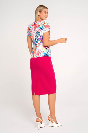 Set mit ecrufarbener Bluse mit bunten Blumen und amarantfarbenem Rock – Kaia